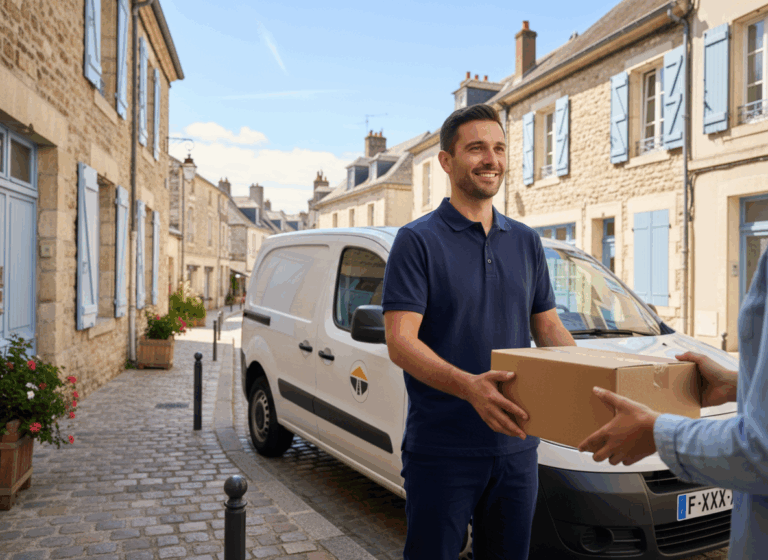 Livreur souriant remettant colis rue pittoresque.