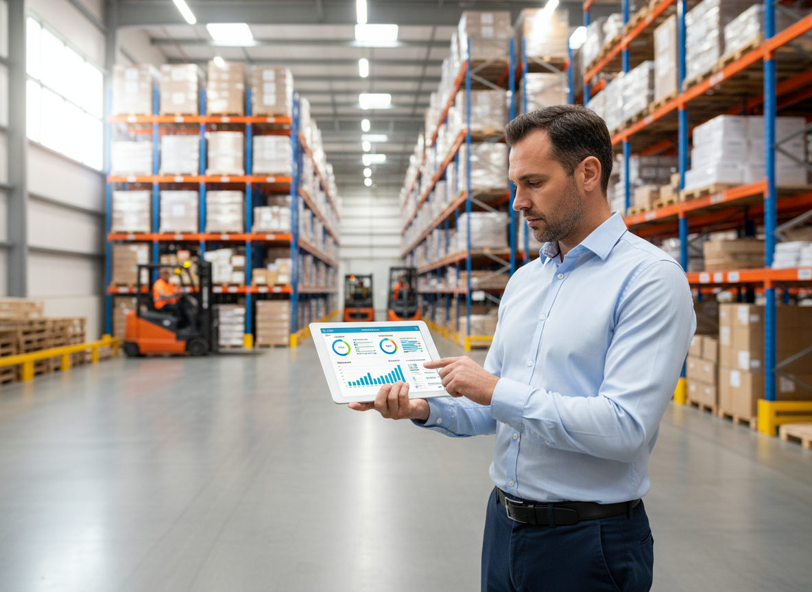 Homme vérifiant des données dans un entrepôt.