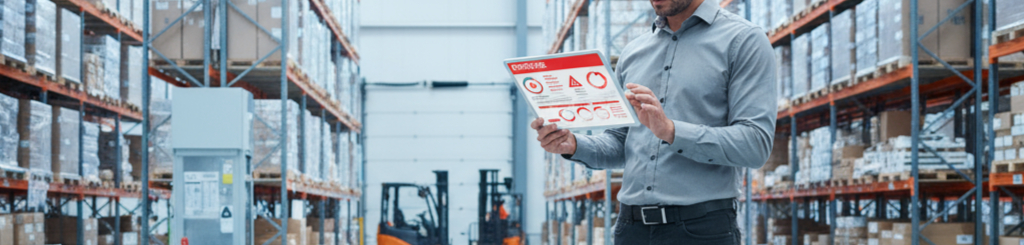 Homme lisant tablette numérique dans un entrepôt.