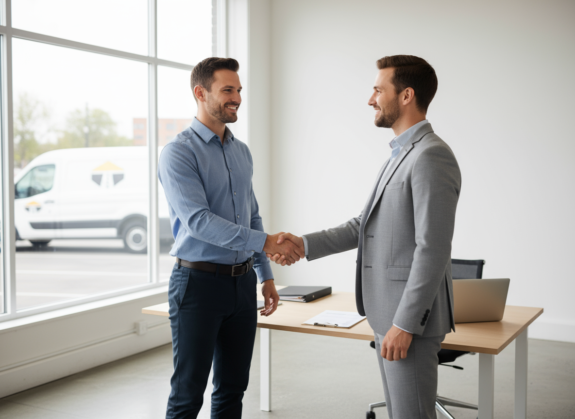 Deux hommes se serrant la main au bureau.
