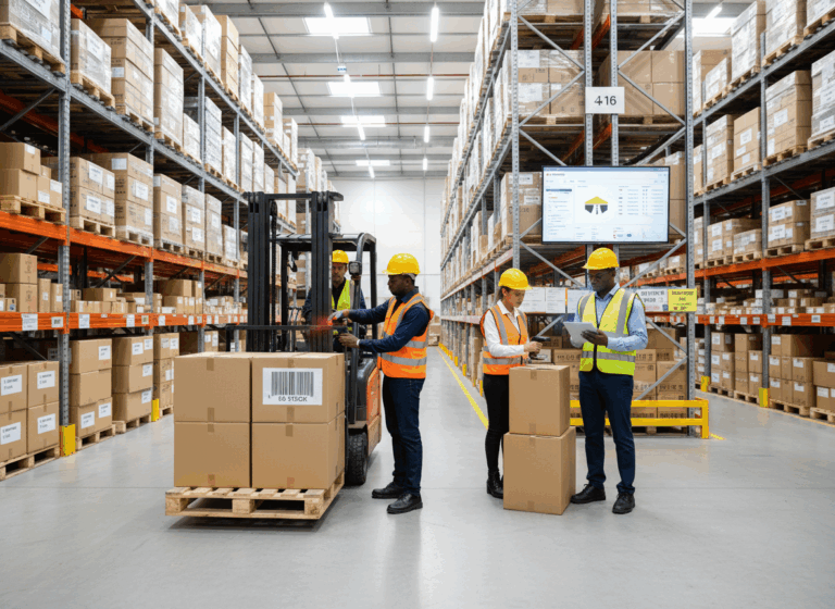 Travailleurs dans un entrepôt avec chariot élévateur.
