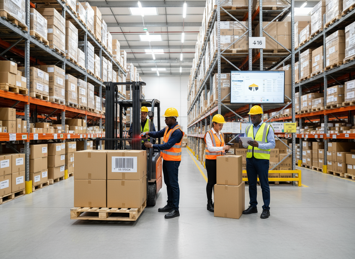 Travailleurs dans un entrepôt avec chariot élévateur.