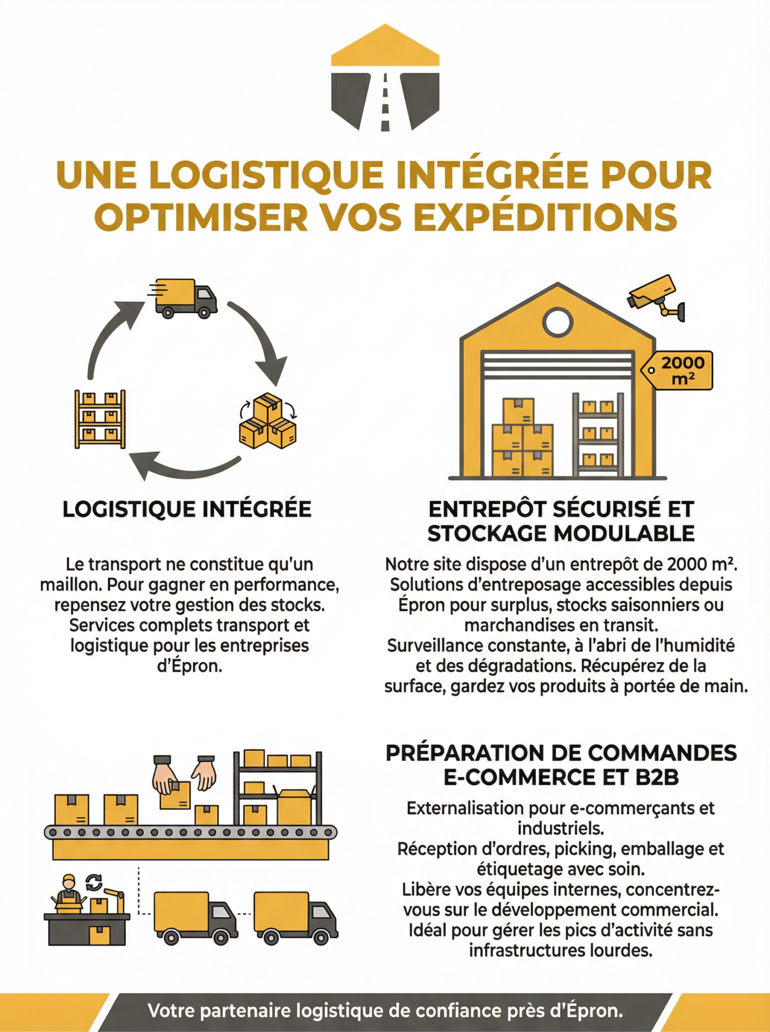 Infographie sur l'optimisation logistique et stockage à Épron.