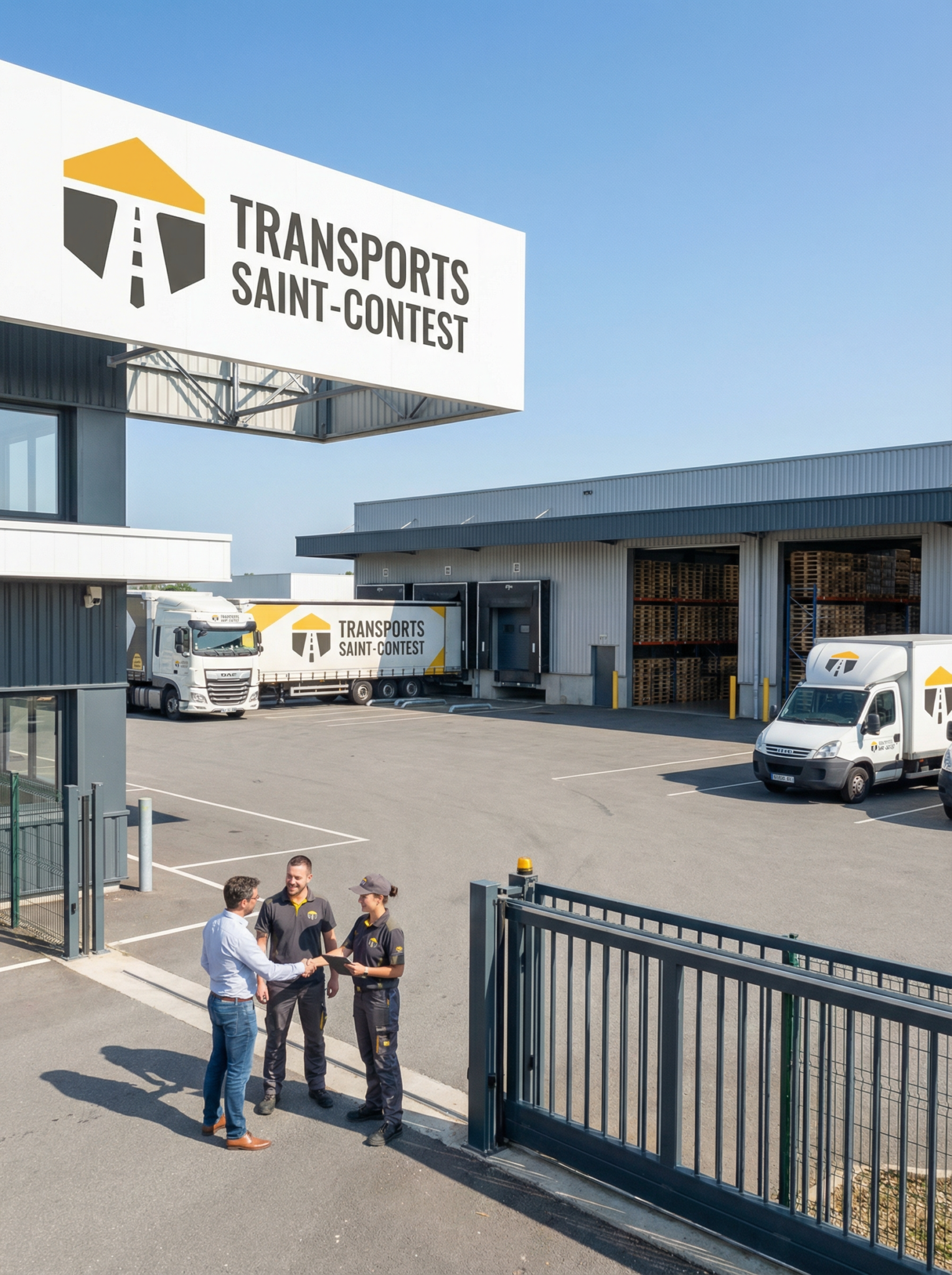 Entrepôt Transports Saint-Contest avec camions et employés.