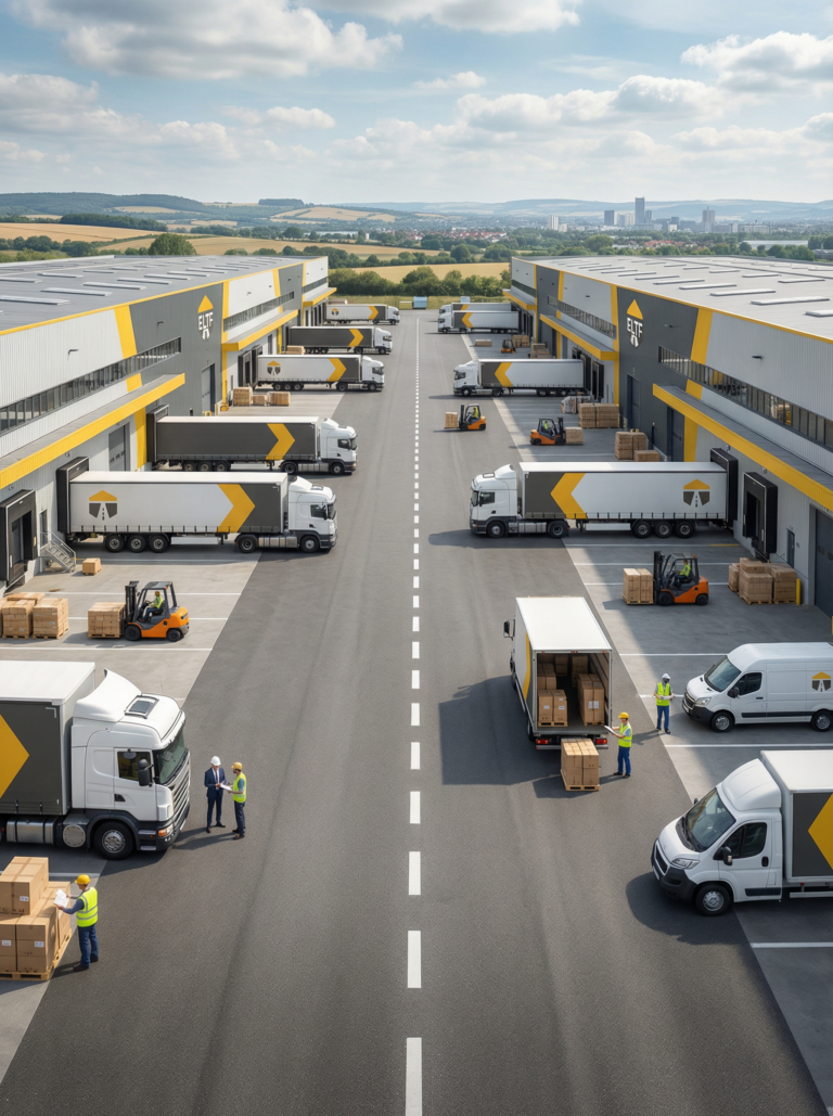 Entrepôt logistique avec camions et personnel au travail.