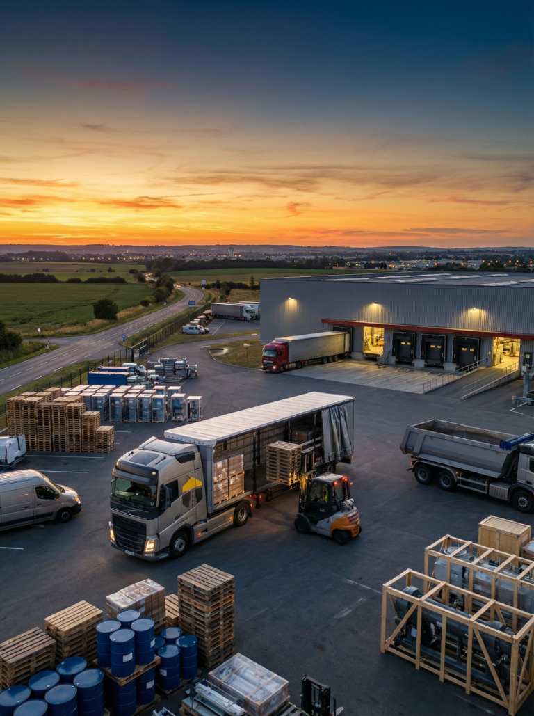 Entrepôt avec camions au coucher du soleil.