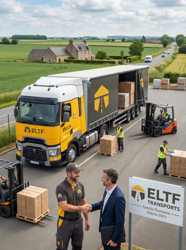 Camion ELTF déchargeant marchandises avec ouvriers.