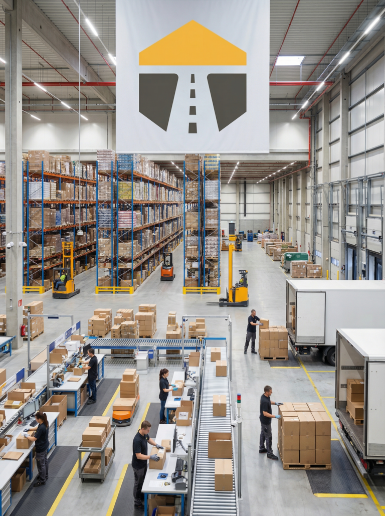 Intérieur d'un entrepôt avec employés et cartons.